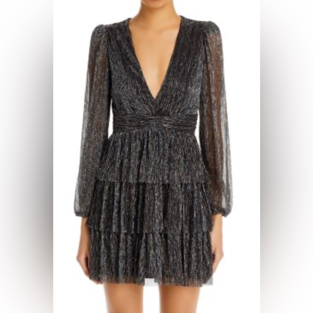 Aqua Tiered Mini Black and Gold Dress Long Sleeve